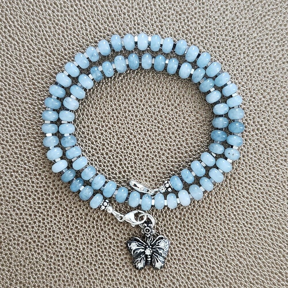 SKY BLUE JADE NECKLACE W/ BUTTERFLY--16"